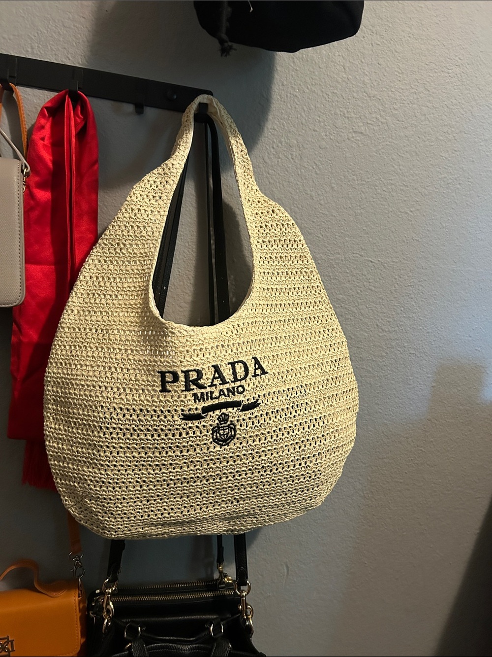 Prada Cream Straw Tote with Black Logo